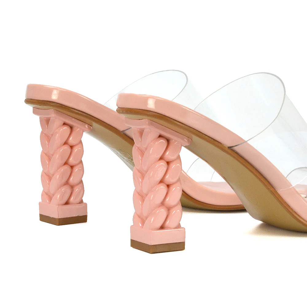 Lucky Square Toe Clear Strap Knot Detail Mid-Block Heel Sandal Mules in Pink - Image 43