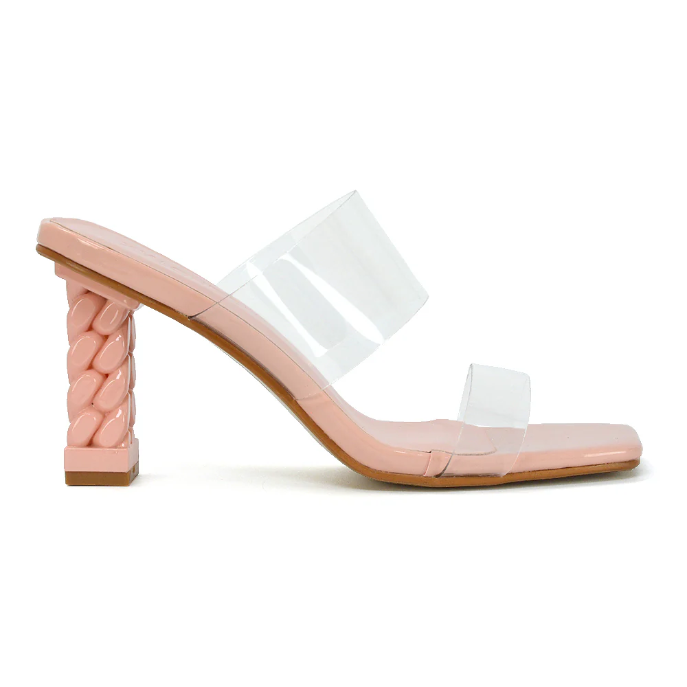 Lucky Square Toe Clear Strap Knot Detail Mid-Block Heel Sandal Mules in White - Image 54