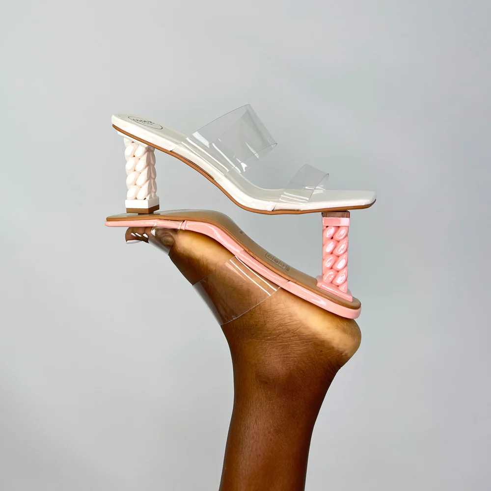 Lucky Square Toe Clear Strap Knot Detail Mid-Block Heel Sandal Mules in White - Image 6