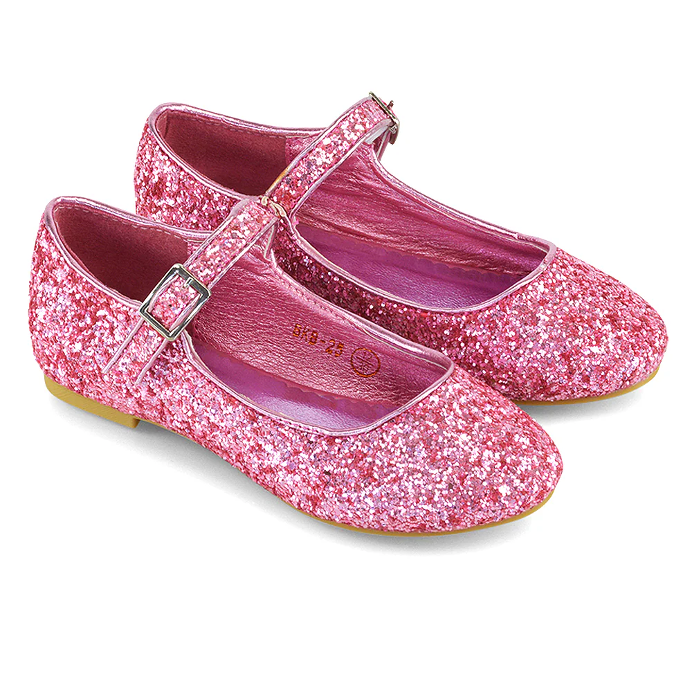 Lucy Kids Flat Buckle Strap Sparkly Diamante Ballerina Pumps Bridal Shoes In Black Glitter - Image 47