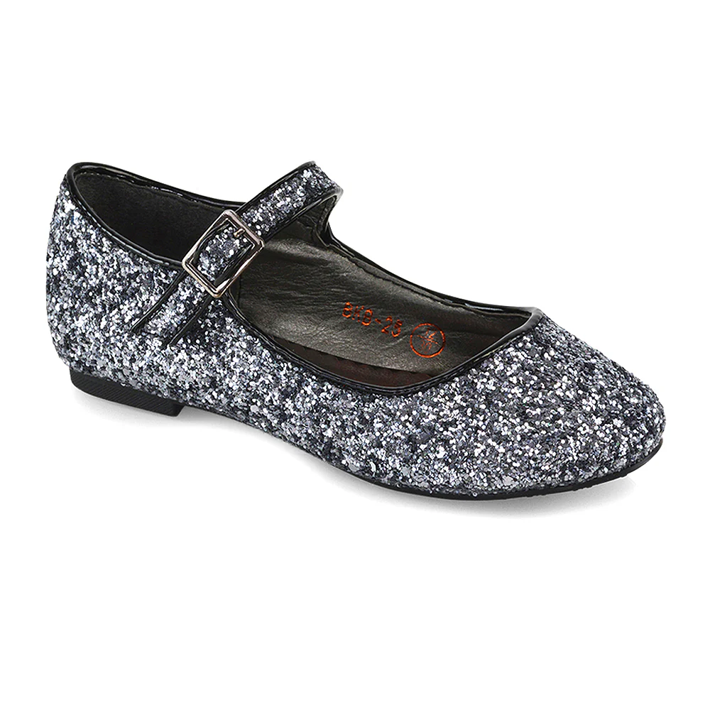 Lucy Kids Flat Buckle Strap Sparkly Diamante Ballerina Pumps Bridal Shoes In Pink Glitter - Image 10