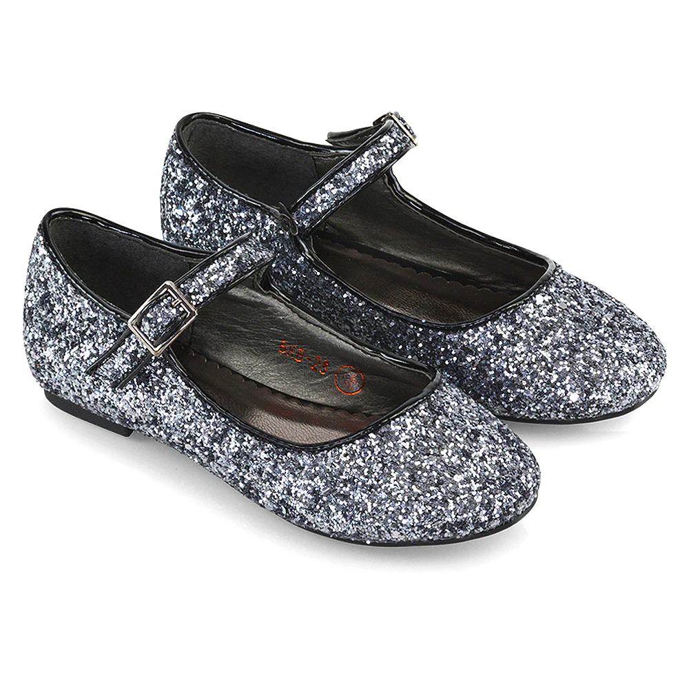 Lucy Kids Flat Buckle Strap Sparkly Diamante Ballerina Pumps Bridal Shoes In Pink Glitter - Image 19
