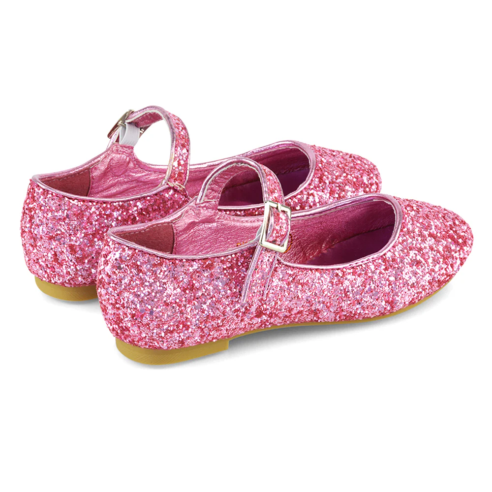 Lucy Kids Flat Buckle Strap Sparkly Diamante Ballerina Pumps Bridal Shoes In Pink Glitter - Image 44