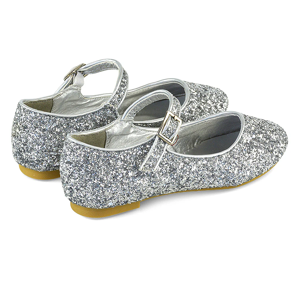 Lucy Kids Flat Buckle Strap Sparkly Diamante Ballerina Pumps Bridal Shoes In Pink Glitter - Image 68