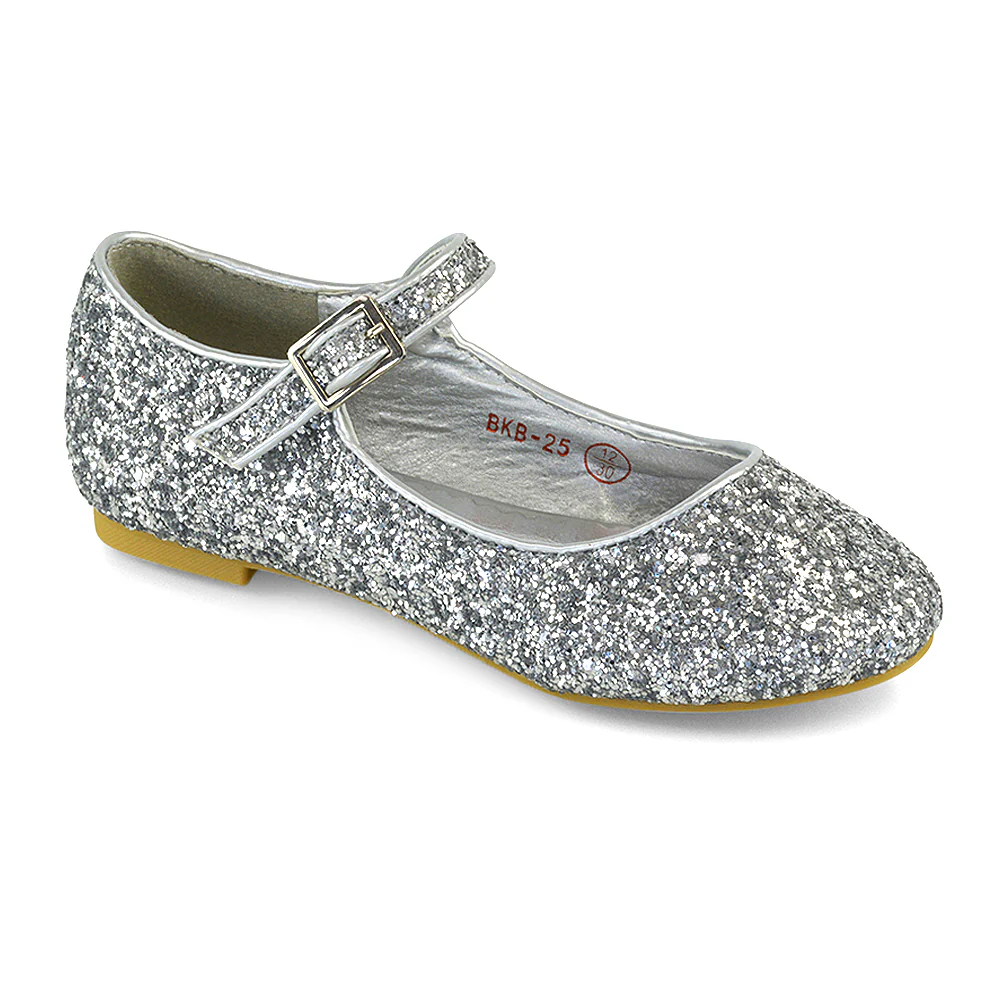 Lucy Kids Flat Buckle Strap Sparkly Diamante Ballerina Pumps Bridal Shoes In Pink Glitter - Image 74