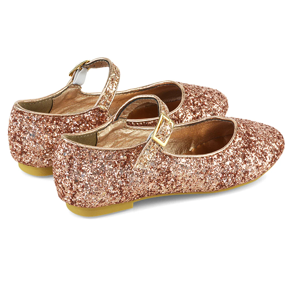 Lucy Kids Flat Buckle Strap Sparkly Diamante Ballerina Pumps Bridal Shoes In Pink Glitter - Image 80