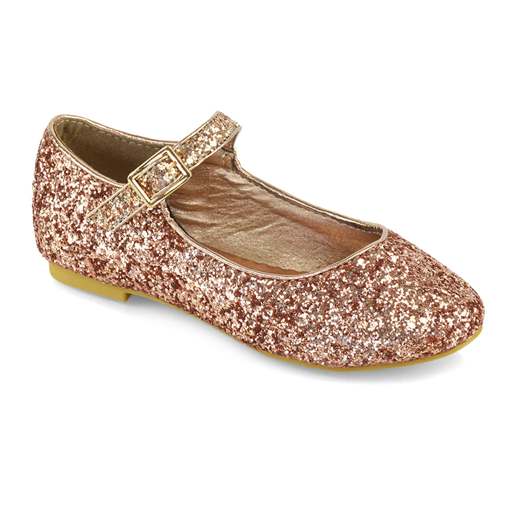 Lucy Kids Flat Buckle Strap Sparkly Diamante Ballerina Pumps Bridal Shoes In Rose Gold Glitter - Image 2