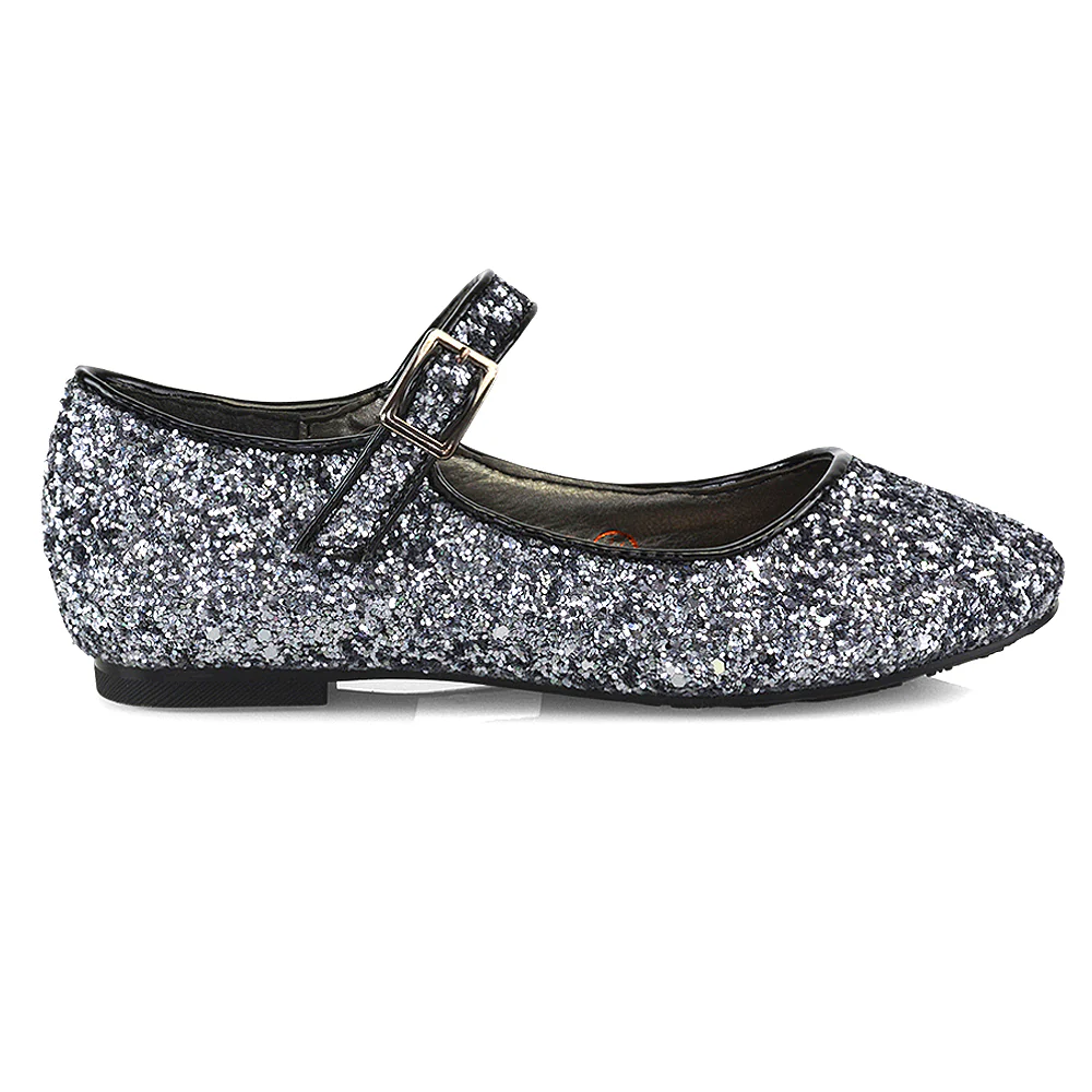 Lucy Kids Flat Buckle Strap Sparkly Diamante Ballerina Pumps Bridal Shoes In Silver Glitter - Image 21