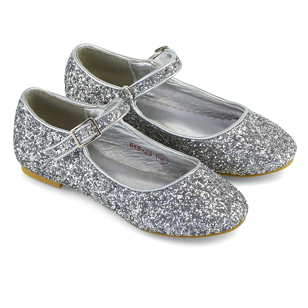 Lucy Kids Flat Buckle Strap Sparkly Diamante Ballerina Pumps Bridal Shoes In Silver Glitter - Image 3