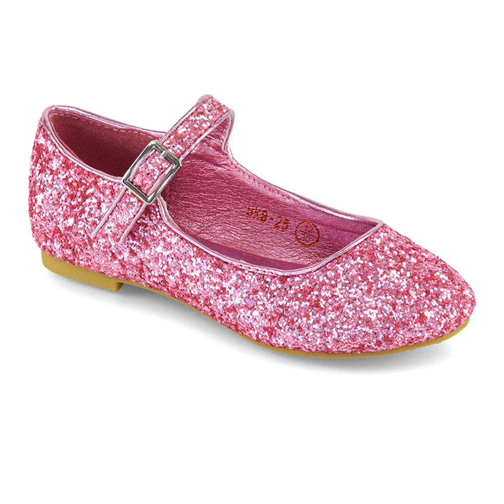 Lucy Kids Flat Buckle Strap Sparkly Diamante Ballerina Pumps Bridal Shoes In Silver Glitter - Image 30