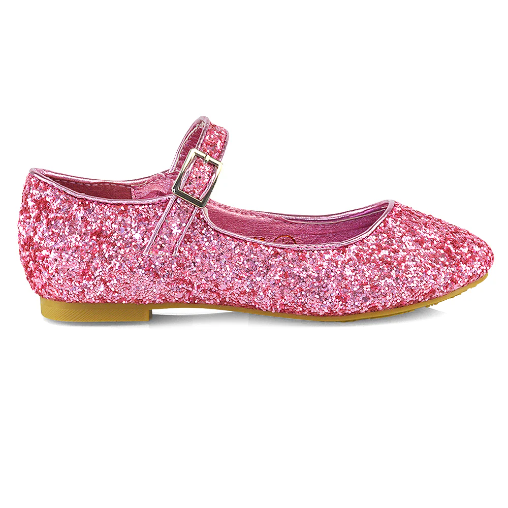 Lucy Kids Flat Buckle Strap Sparkly Diamante Ballerina Pumps Bridal Shoes In Silver Glitter - Image 37