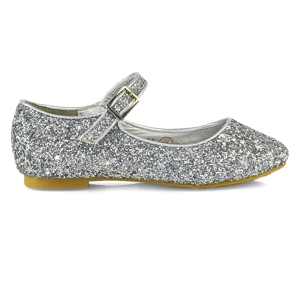 Lucy Kids Flat Buckle Strap Sparkly Diamante Ballerina Pumps Bridal Shoes In Silver Glitter - Image 61