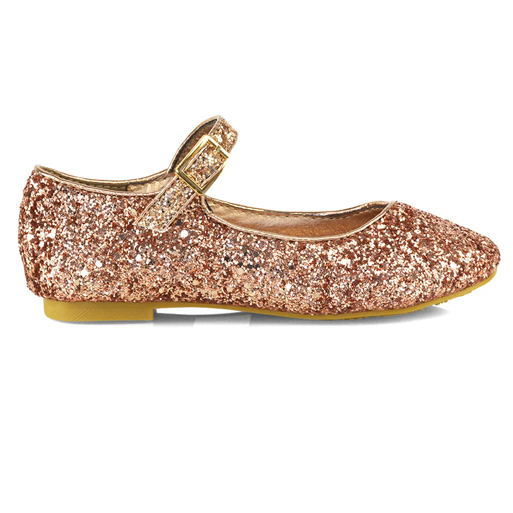 Lucy Kids Flat Buckle Strap Sparkly Diamante Ballerina Pumps Bridal Shoes In Silver Glitter - Image 77