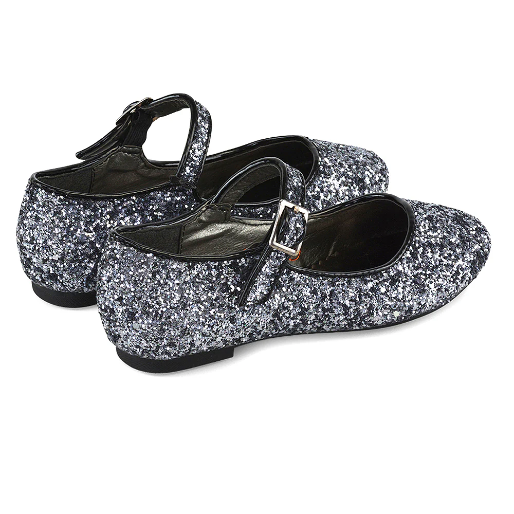 Lucy Kids Flat Buckle Strap Sparkly Diamante Ballerina Pumps Bridal Shoes In Silver Glitter - Image 8