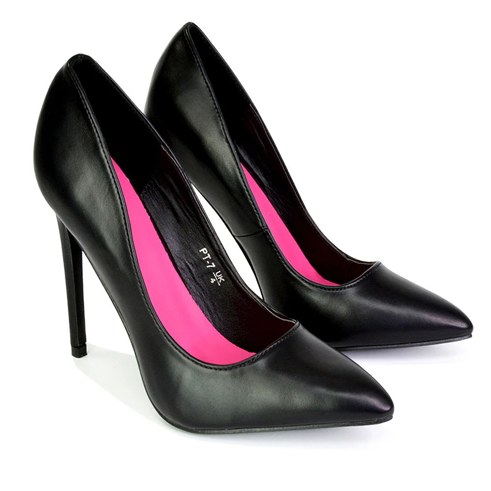 Lulu Pointed Toe Stiletto High Heel Elegant Classic Court Shoes in Black Synthetic Leather