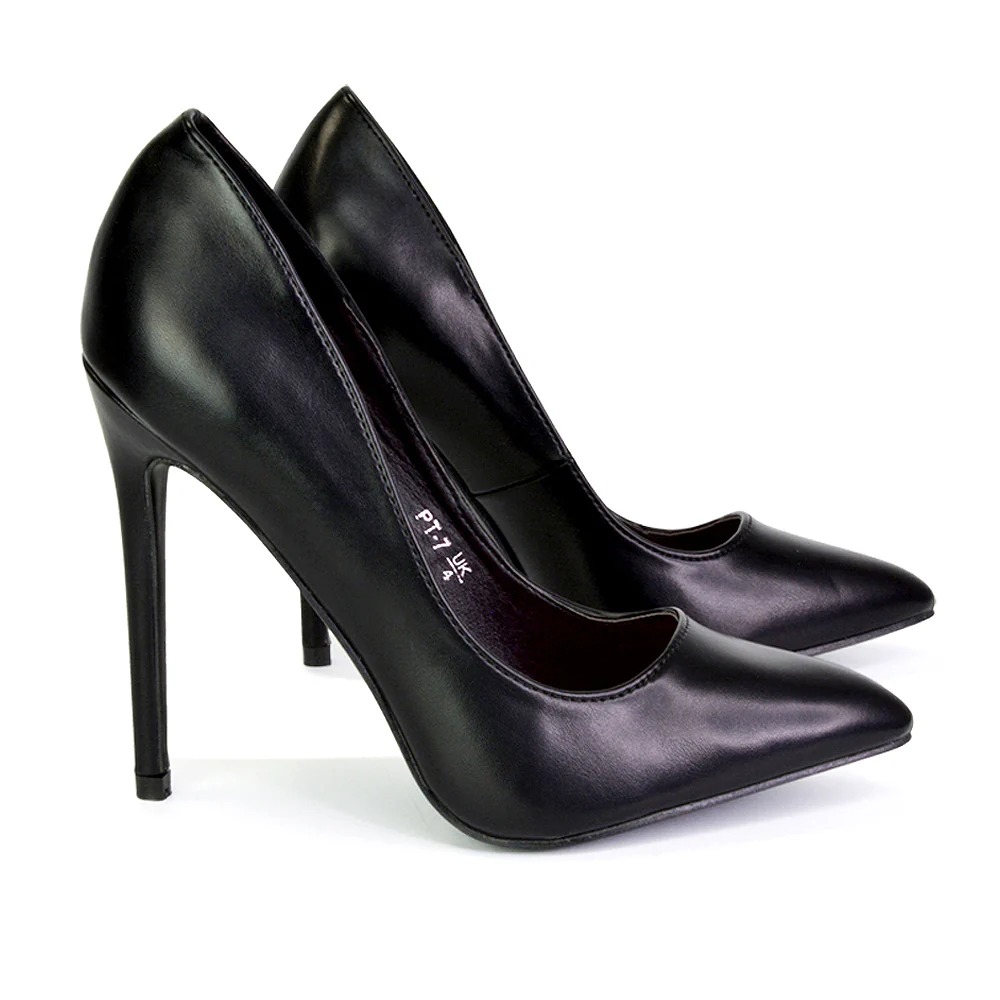 Lulu Pointed Toe Stiletto High Heel Elegant Classic Court Shoes in Black Synthetic Leather - Image 2