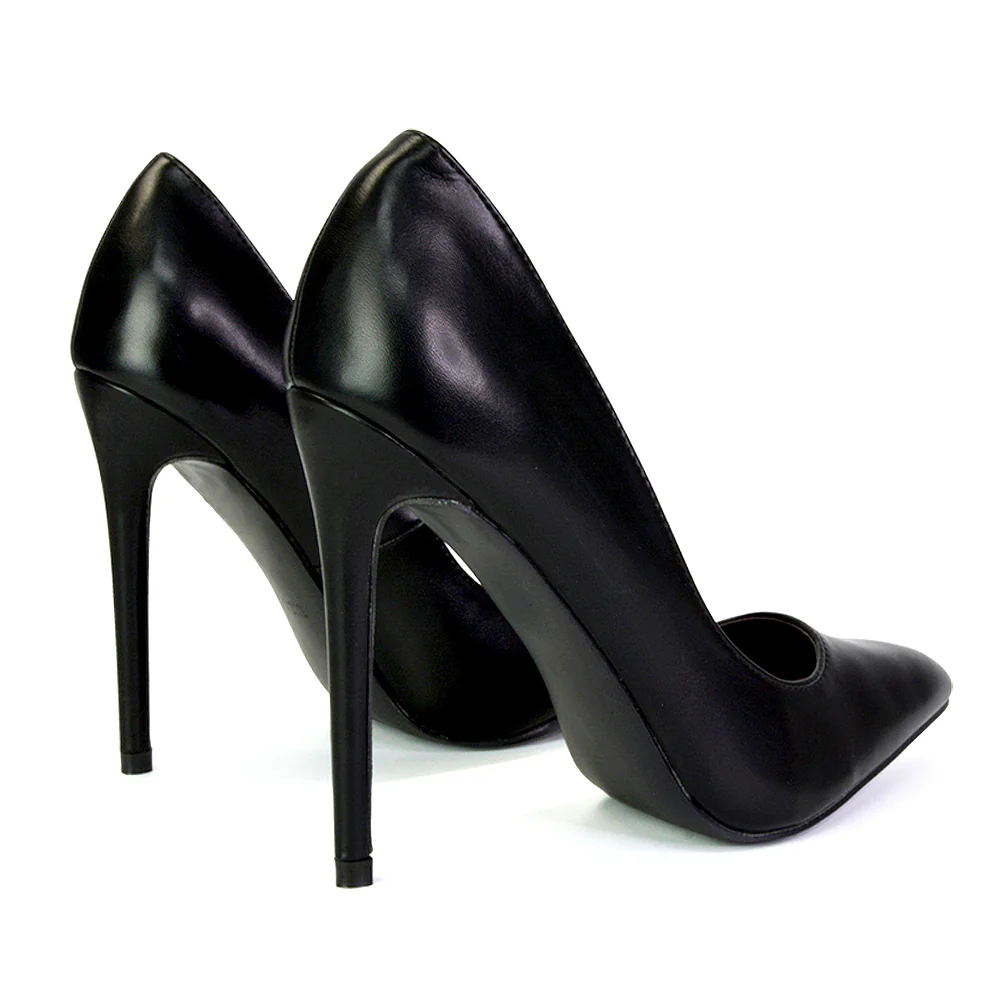 Lulu Pointed Toe Stiletto High Heel Elegant Classic Court Shoes in Black Synthetic Leather - Image 3