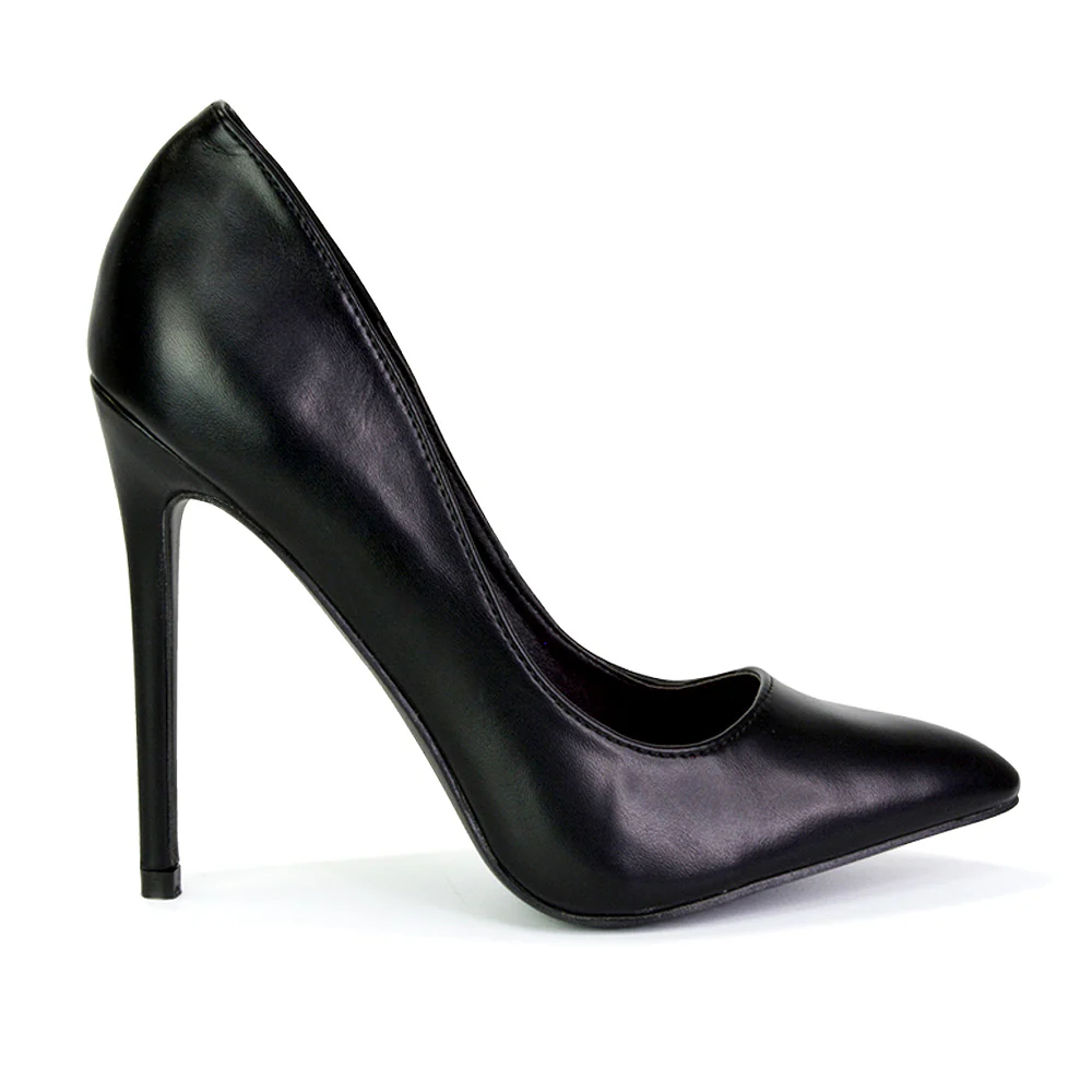 Lulu Pointed Toe Stiletto High Heel Elegant Classic Court Shoes in Black Synthetic Leather - Image 4