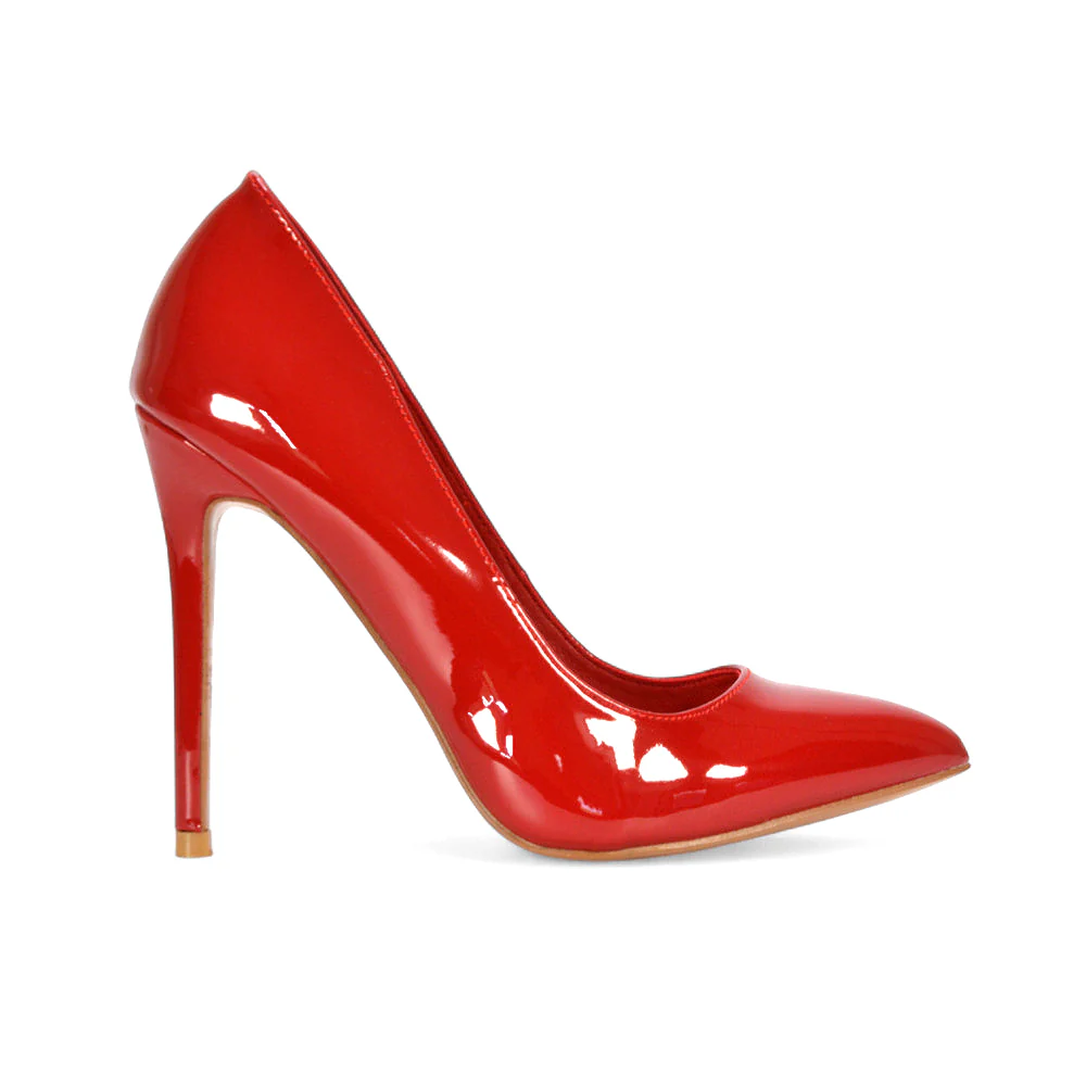 Lulu Pointed Toe Stiletto High Heel Elegant Classic Court Shoes in Black Synthetic Leather - Image 6