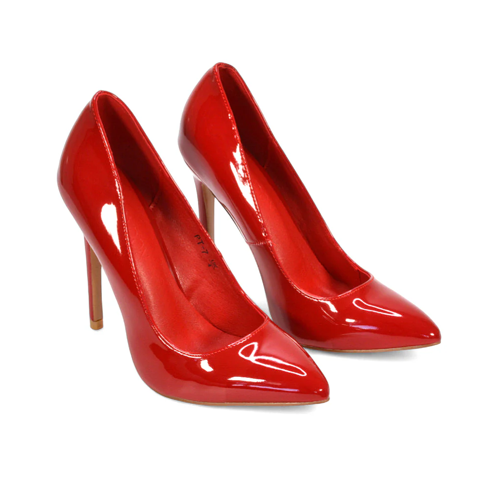 Lulu Pointed Toe Stiletto High Heel Elegant Classic Court Shoes in Black Synthetic Leather - Image 9
