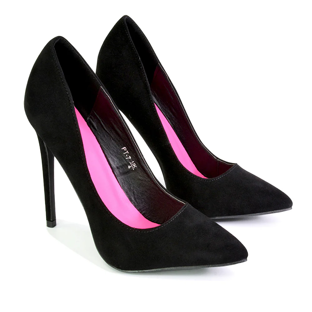 Lulu Pointed Toe Stiletto High Heel Elegant Classic Court Shoes in Black Synthetic Leather - Image 10