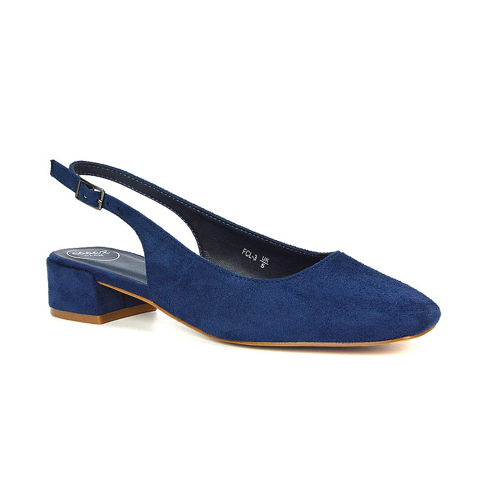 Luna Slingback Closed Square Toe Low Block Heel Shoes in Black Faux Suede - Image 12