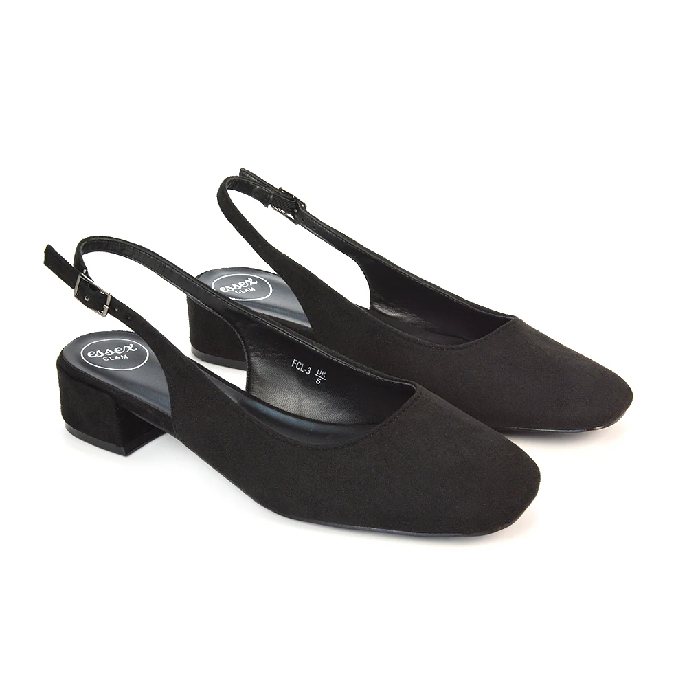 Luna Slingback Closed Square Toe Low Block Heel Shoes in Black Faux Suede - Image 4