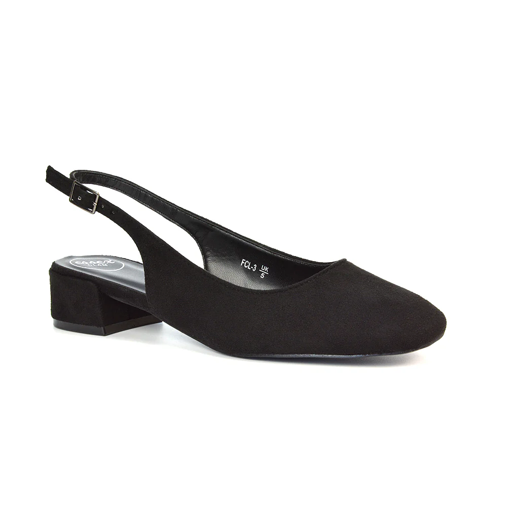 Luna Slingback Closed Square Toe Low Block Heel Shoes in Black Faux Suede - Image 6