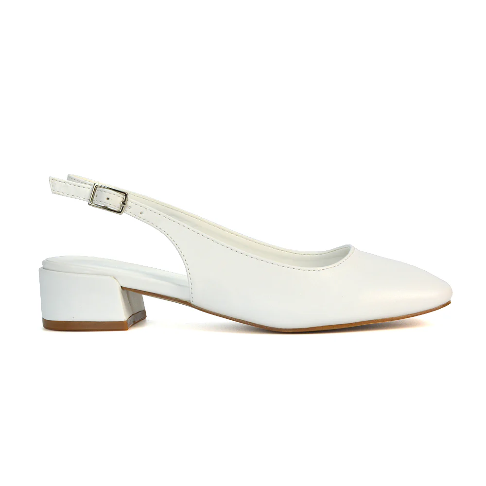 Luna Slingback Closed Square Toe Low Block Heel Shoes in White Synthetic Leather - Image 6