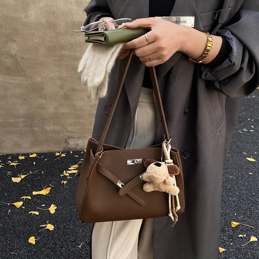 Lux Women's Belted Shoulder Tote Bag With Charm in Brown - Image 3