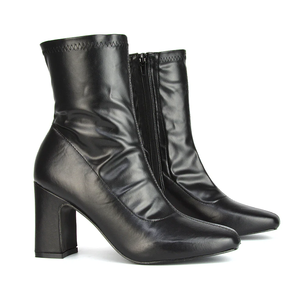 Luxe Pointed Toe Zip-Up Block Heeled Ankle Sock Boots Heels in Black Patent - Image 16