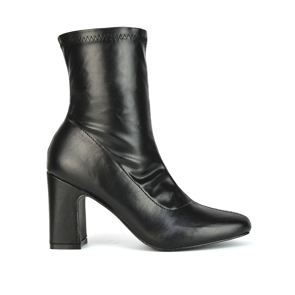 Luxe Pointed Toe Zip-Up Block Heeled Ankle Sock Boots Heels in White Patent - Image 5