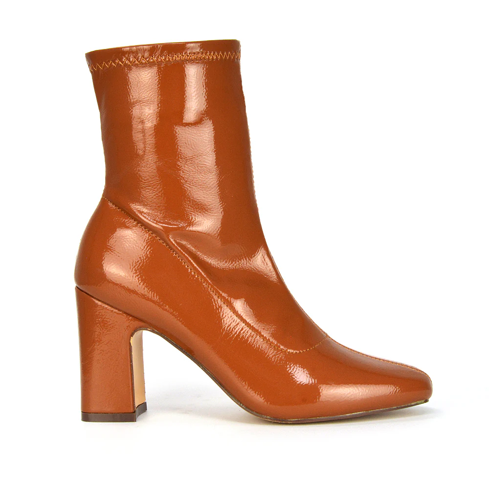 Luxe Zip-Up Block Heeled Ankle Sock Boots Heels in Camel Patent - Image 2