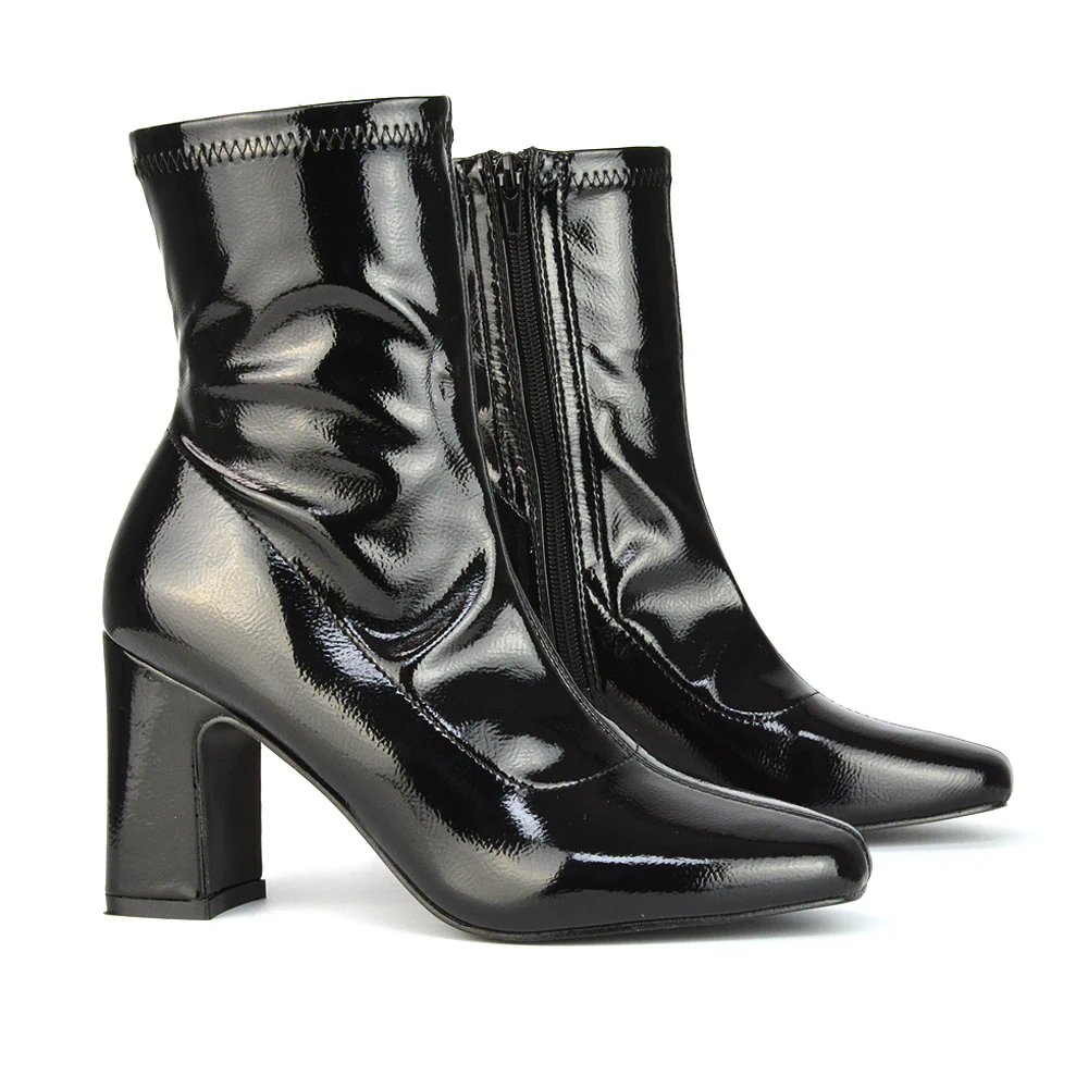 Luxe Zip-Up Block Heeled Ankle Sock Boots Heels in Camel Patent - Image 46