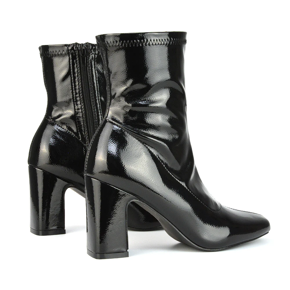 Luxe Zip-Up Block Heeled Ankle Sock Boots Heels in Camel Patent - Image 48