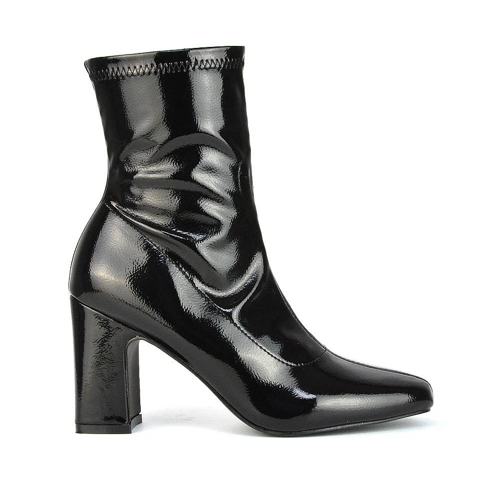 Luxe Zip-Up Block Heeled Ankle Sock Boots Heels in Camel Patent - Image 53