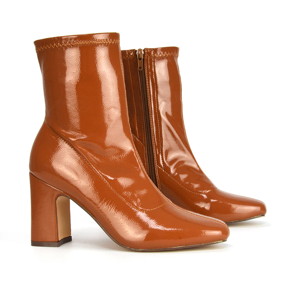 Luxe Zip-Up Block Heeled Ankle Sock Boots Heels in Camel Patent - Image 73