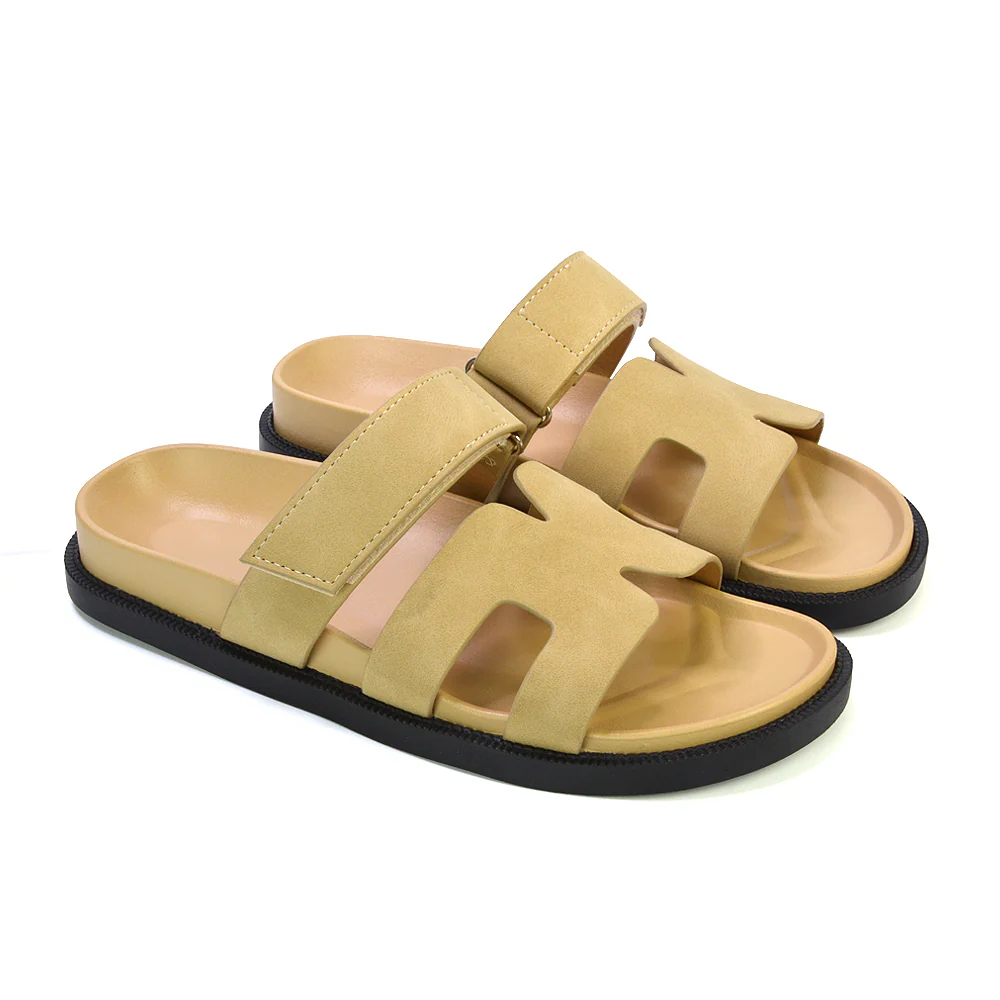 Lydia Cut Out Adjustable Strap Summer Flat Sandal Sliders in Beige - Image 81