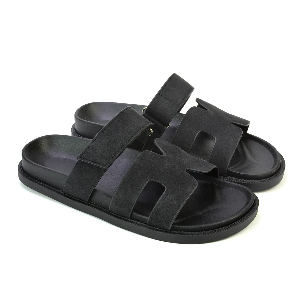 Lydia Cut Out Adjustable Strap Summer Flat Sandal Holiday Sliders in Black - Image 112
