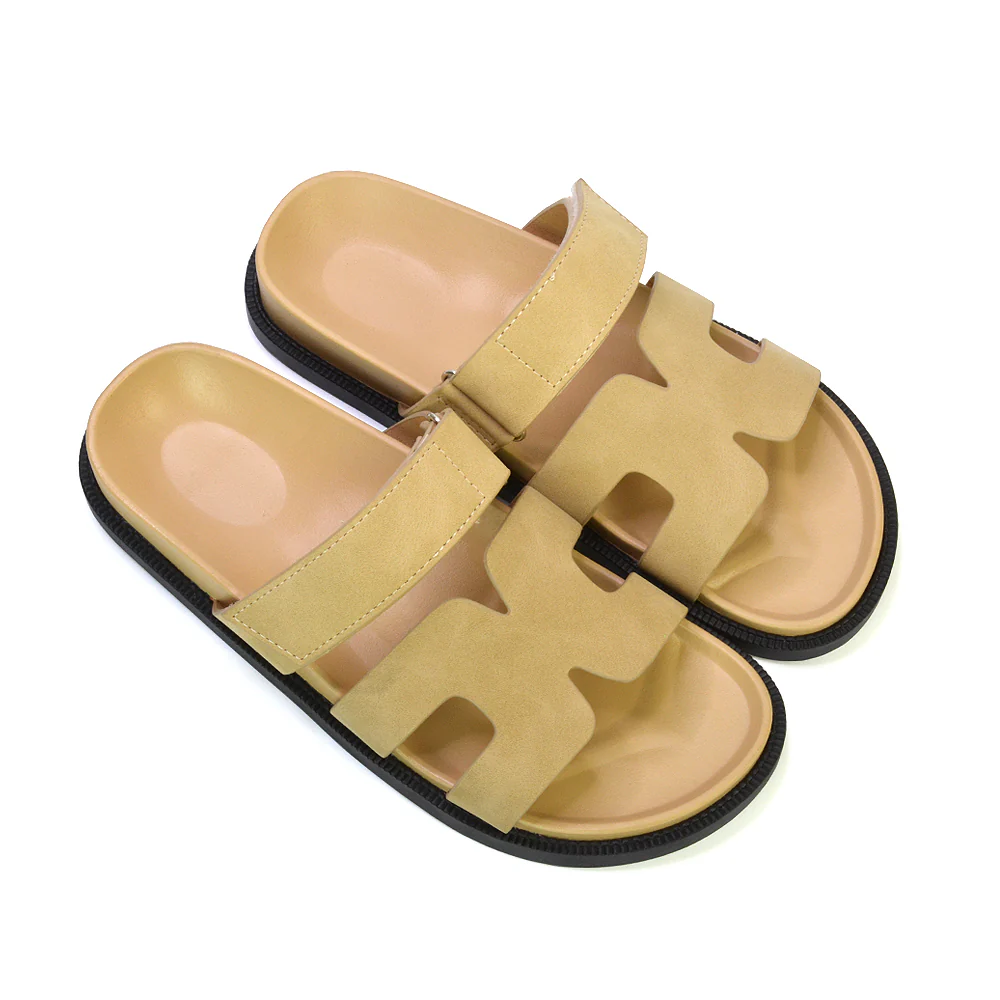 Lydia Cut Out Adjustable Strap Summer Flat Sandal Holiday Sliders in Taupe - Image 96