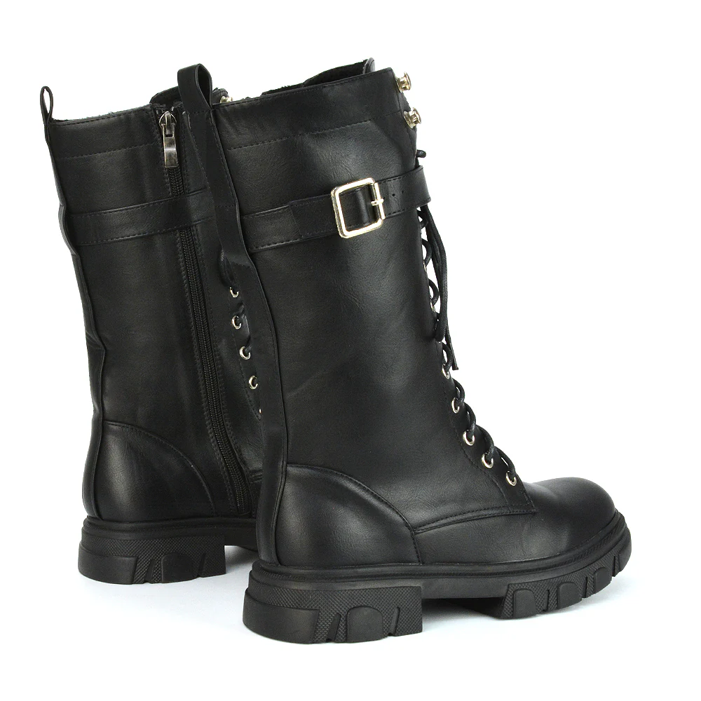 Lyla Mid Calf Lace Up Boots Flat Chunky Sole Biker In Black Synthetic Leather - Image 14