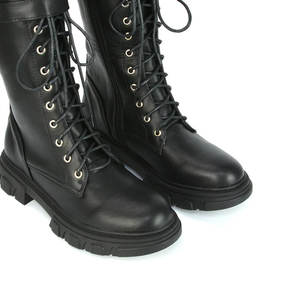 Lyla Mid Calf Lace Up Boots Flat Chunky Sole Biker In Black Synthetic Leather - Image 23