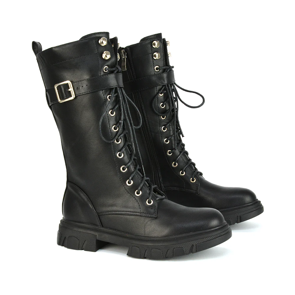 Lyla Mid Calf Lace Up Boots Flat Chunky Sole Biker In Black Synthetic Leather - Image 24