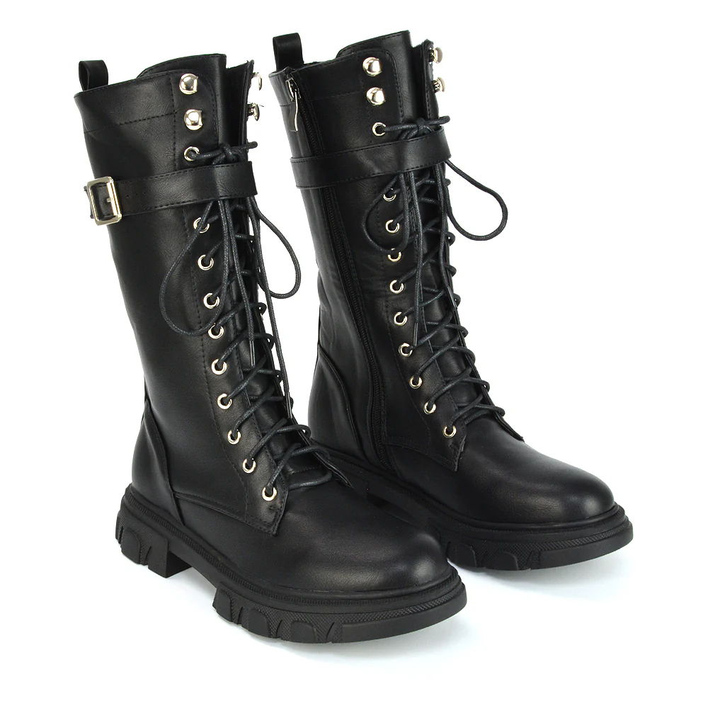 Lyla Mid Calf Lace Up Boots Flat Chunky Sole Biker In Black Synthetic Leather - Image 34