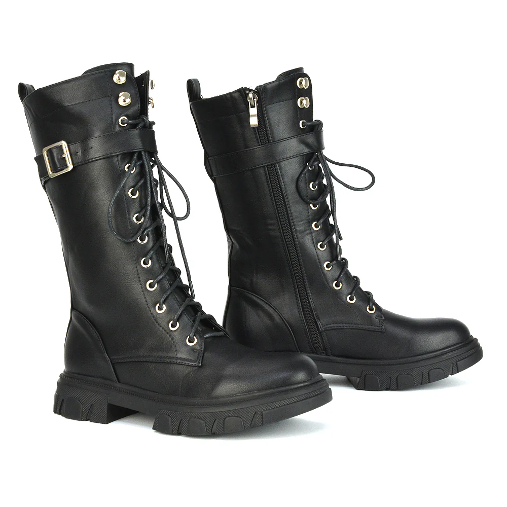Lyla Mid Calf Lace Up Boots Flat Chunky Sole Biker In Black Synthetic Leather - Image 7