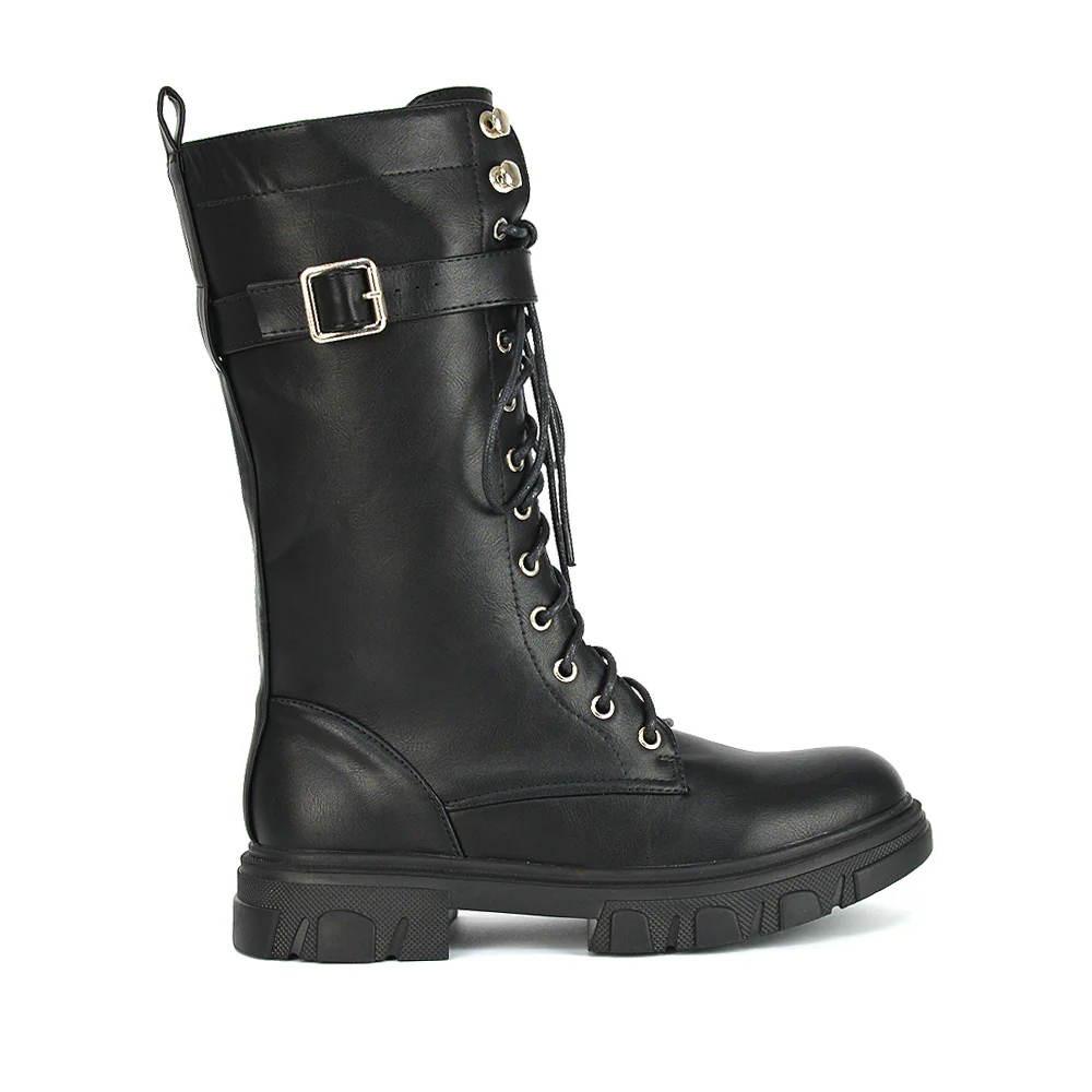 Lyla Mid Calf Lace Up Boots Flat Chunky Sole Biker In Black Synthetic Leather - Image 9