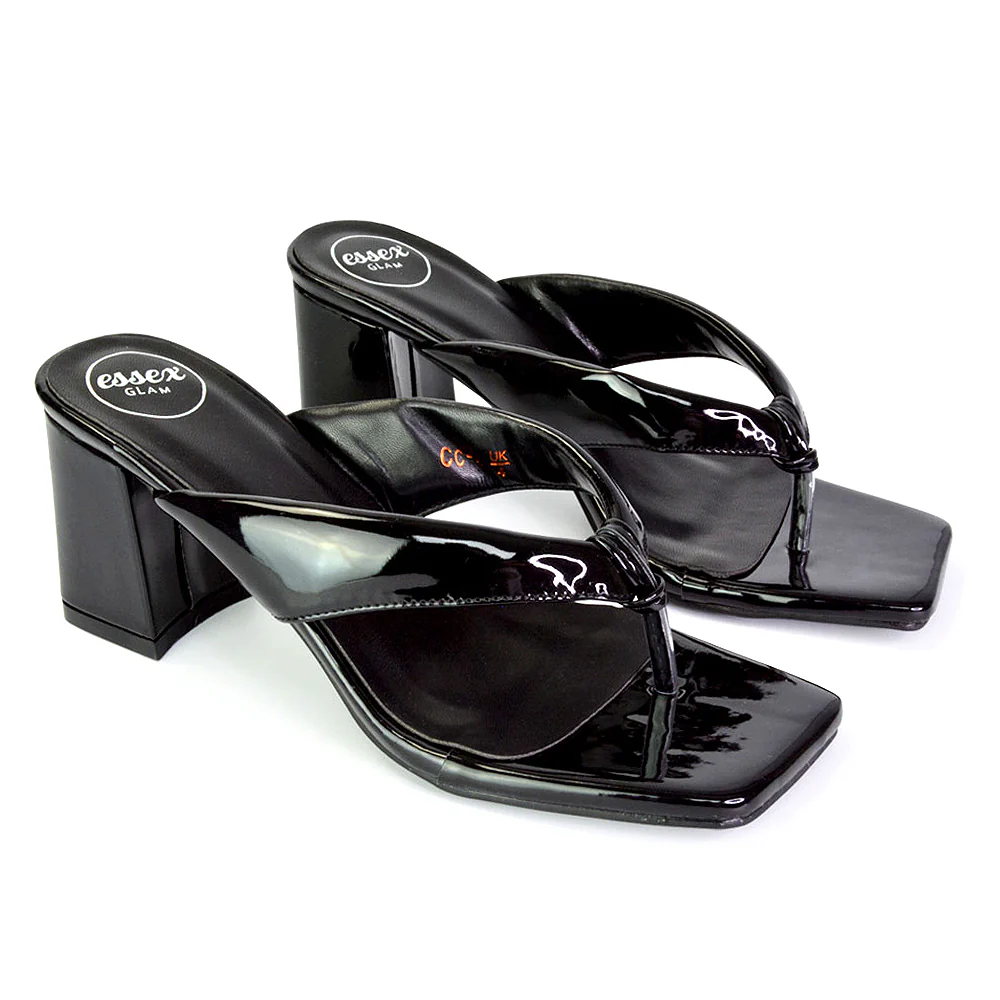 Lylia Square Toe Toe Post Thong Mid Block Heel Sandal Mules in Black - Image 121