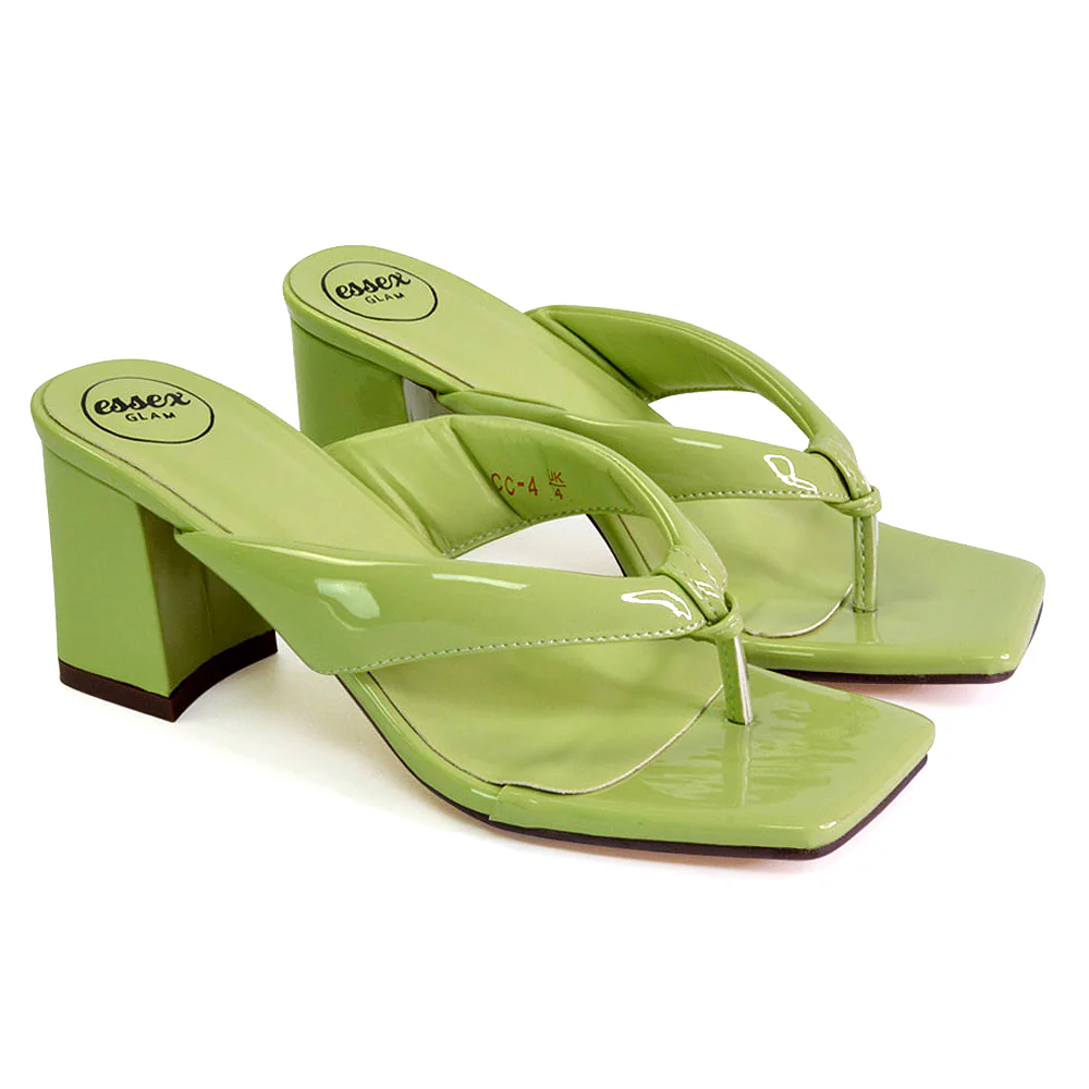 Lylia Square Toe Toe Post Thong Mid Block Heel Sandal Mules in Green - Image 6