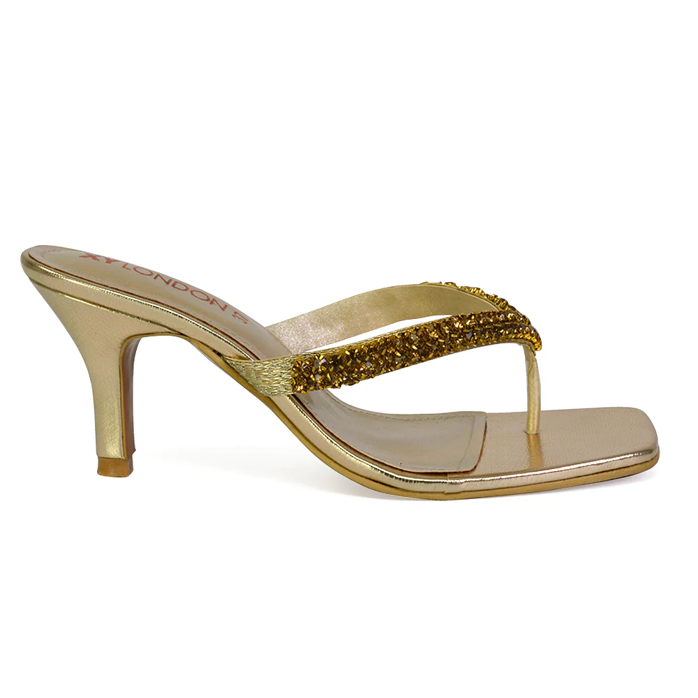 Lynn Square Toe Post Embellished Diamante Strappy Kitten Heel Mule Sandals in Gold - Image 3