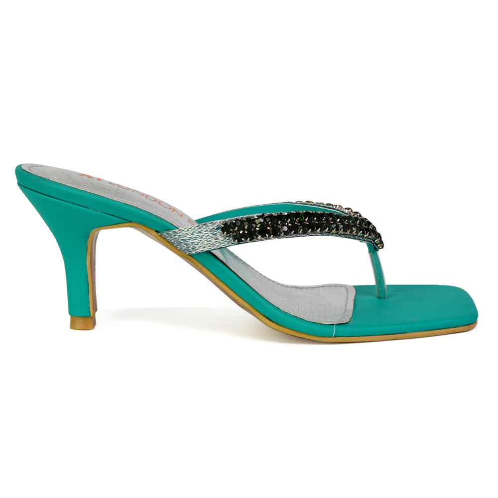 Lynn Square Toe Post Embellished Diamante Strappy Kitten Heel Mule Sandals in Green - Image 23